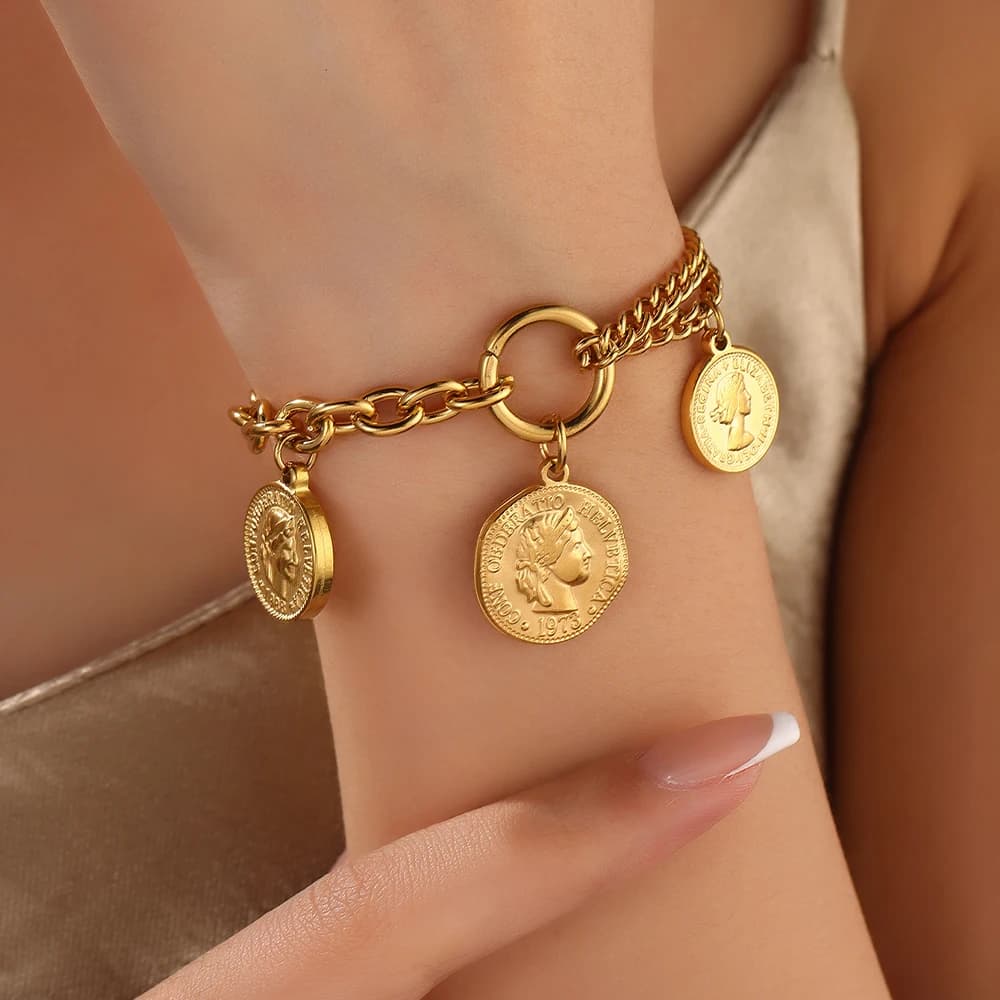 316L Stainless Steel Coin Pendant Bracelet For Women Fashion Gold Color Round Charms Chain Bracelets Jewelry