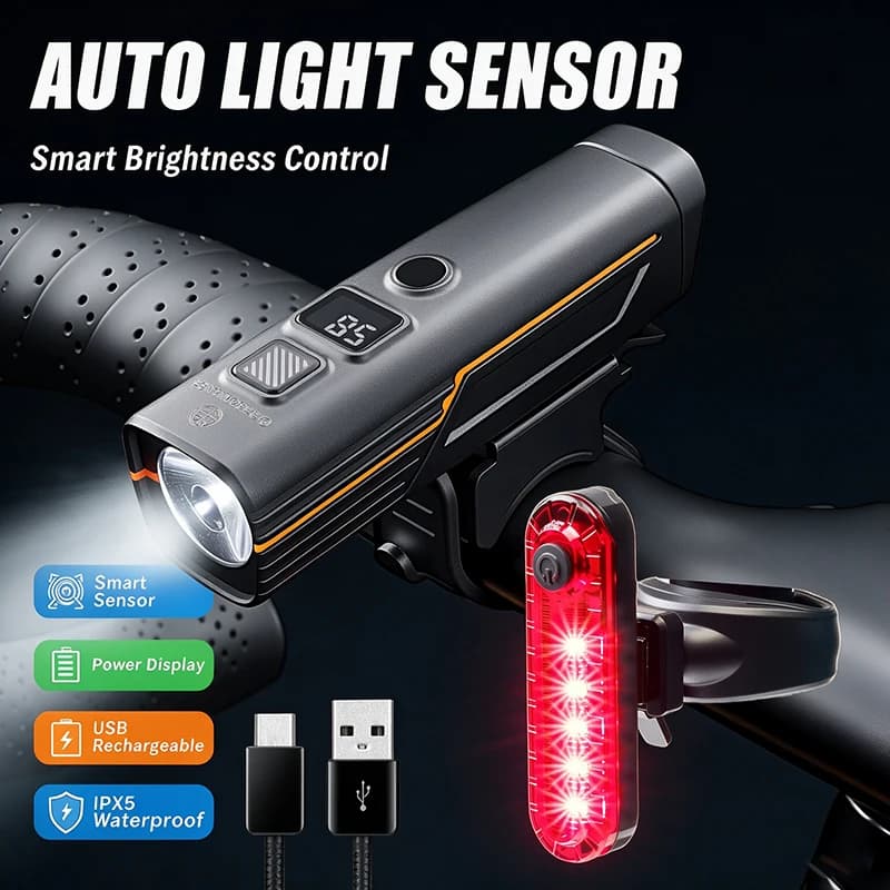 OFFBONDAGE 2 Sets Bicycle Light Front Rear Smart Sense Light USB Rechargeable MTB Bike Lamp Bike Headlight Cycling Rear Light