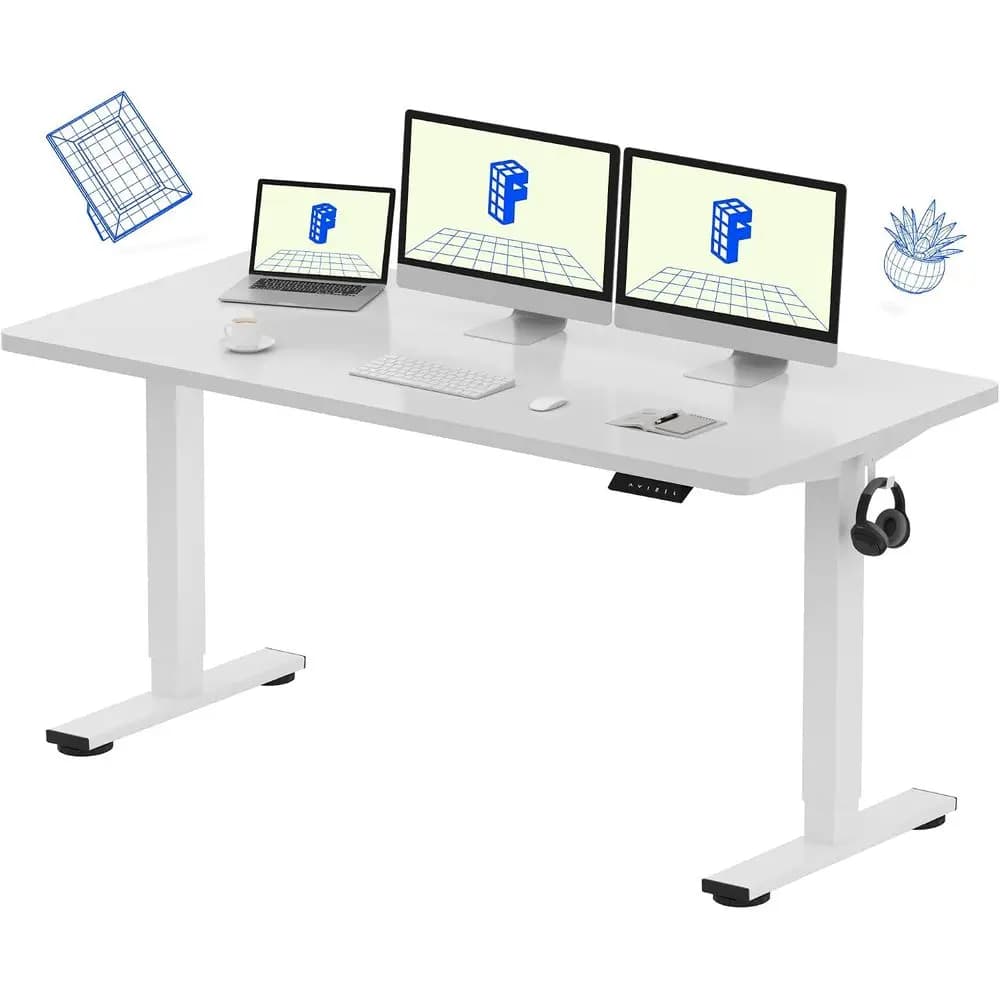 EN1 60"x24" One-Piece Standing Desk, White | 1" Thick SeamlDesktop, 176 LBS acity, Home Oice Use, 4 Memory Presets, Dual Monitor