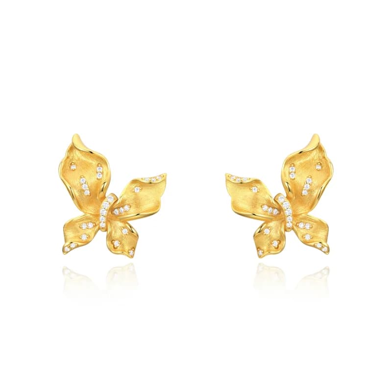 CAMEO Orecchini a farfalla con foglia spazzolata in oro italiano Orecchini eleganti con fiocco di lusso leggero Orecchini in argento 925 con zirconi sintetici