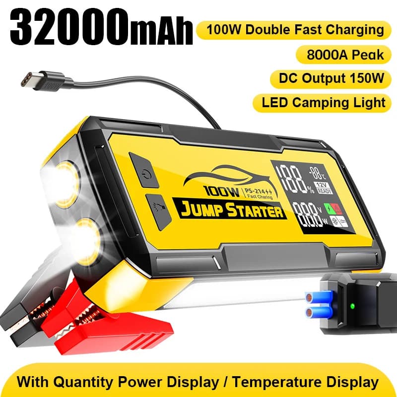 Power Bank Avviatore d'Emergenza per Auto 8000A 100W 32000mAh con Super Condensatore Potente, Cavi Retrattili e Luce per Laptop, Booster Batteria 12V