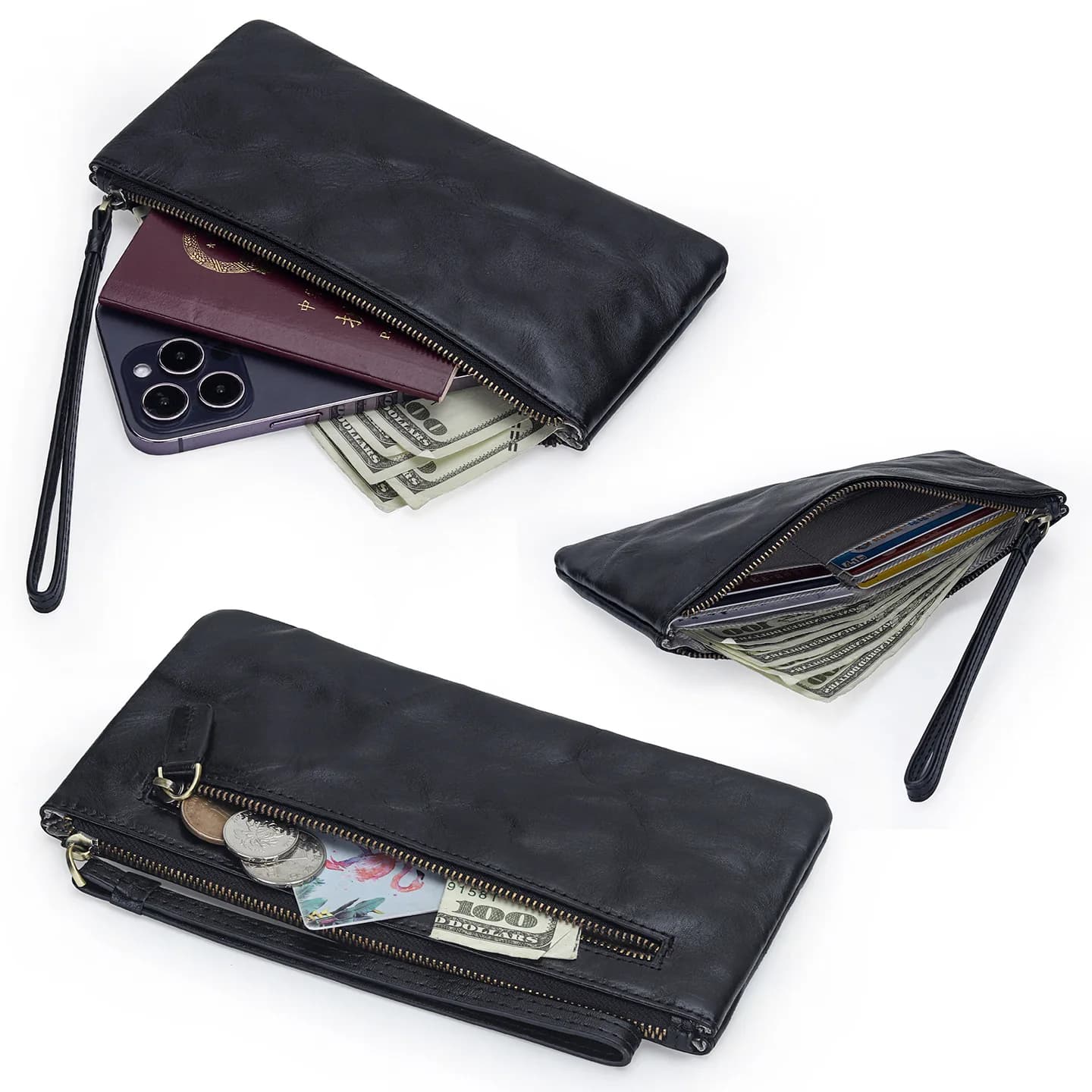 Women & Men Wrinkle Cowhide Long Wallet Zipper Closure Wrist Strap Multi‑Card Slots Wallets ,can hold Smartphone Passport Cash