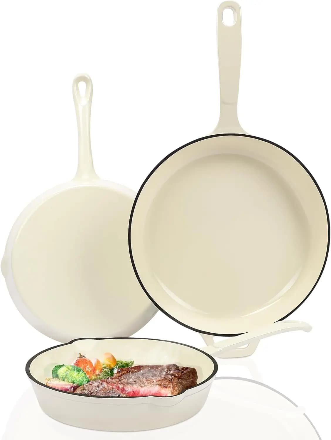 Set di 3 Padelle in Ghisa Smaltata - 8", 9.5", 11.5" Pollici, Senza PFAS/PTFE/PFOA, Adatte per Forno e Induzione, Bianco Crema