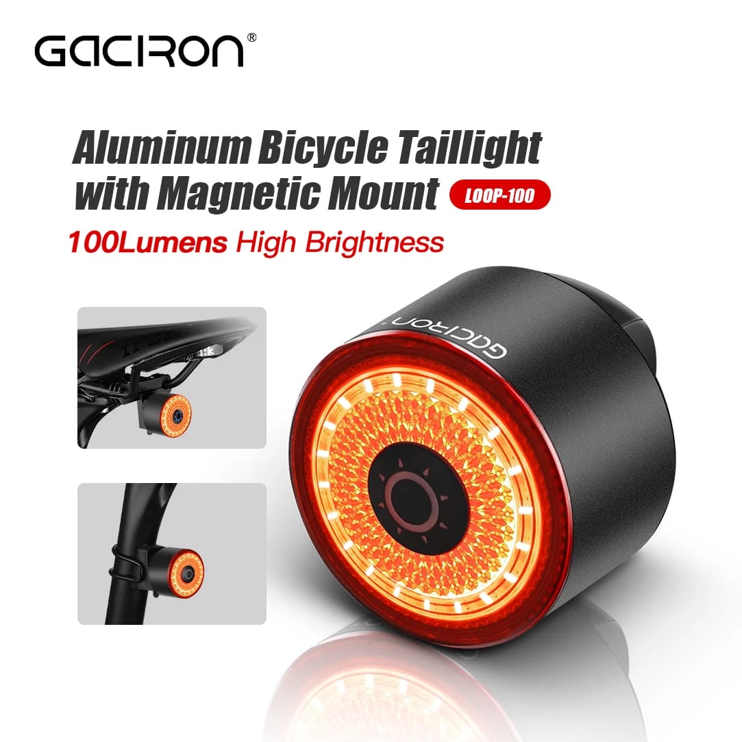 Gaciron Smart Brake Bike Fanale posteriore LOOP-100 Luce posteriore per bicicletta Montaggio magnetico per tubo sella e lampada per bici impermeabile