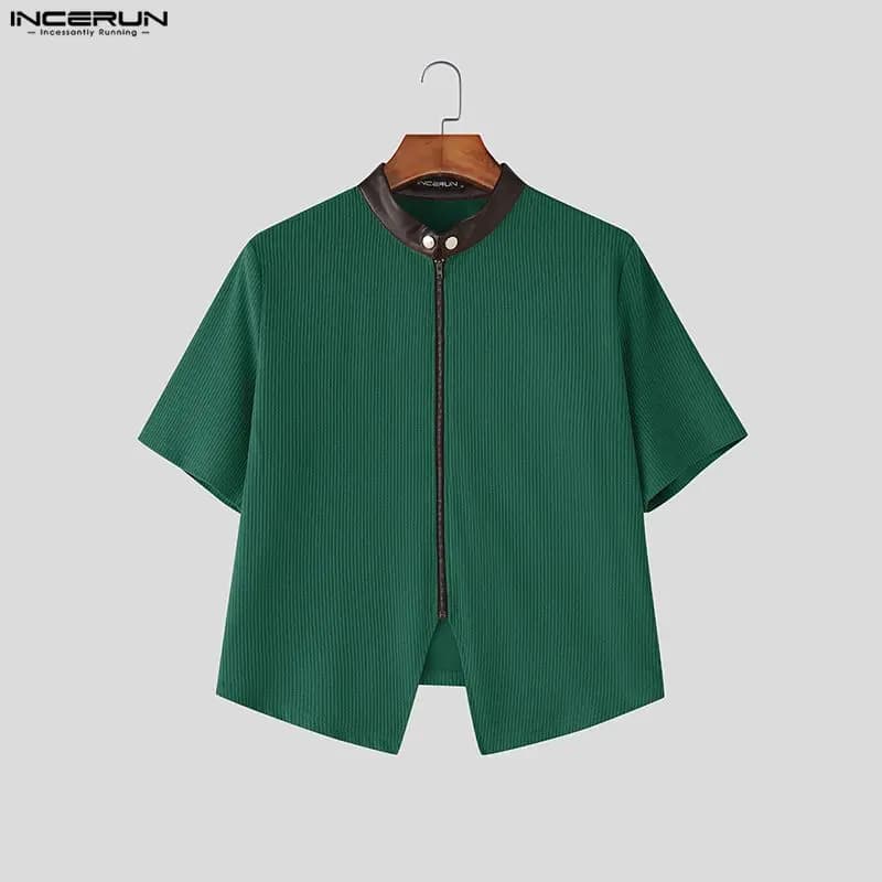 INCERUN Camicia da Uomo Patchwork con Colletto Rialzato Manica Corta Estiva Abbigliamento Uomo Streetwear con Cerniera 2026 Moda Casual Crop Top S-5XL
