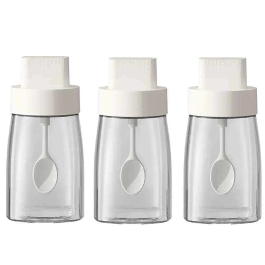 Set di 3 Barattoli per Spezie in Vetro con Coperchio e Cucchiaio Retrattile, Contenitori per Condimenti da Cucina