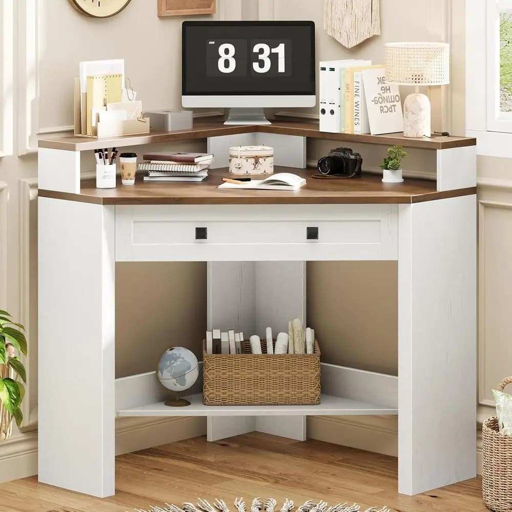 Scrivania ad Angolo, Postazione di Lavoro Triangolare per Computer con Cassetto e Supporto Monitor per Piccoli Spazi, Stile Rustico