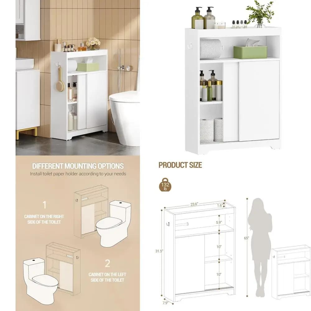Mobiletto Compatto Bianco per Bagno con Porta Scorrevole e Portarotolo per Spazi Ristretti