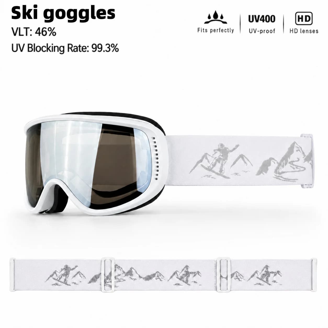 HD Anti-Fog Ski Goggles, Snow Mountain Embroidery Adjustable Strap, Unisex Ski Eyewear for Indoor and Outdoor Skiing Sports