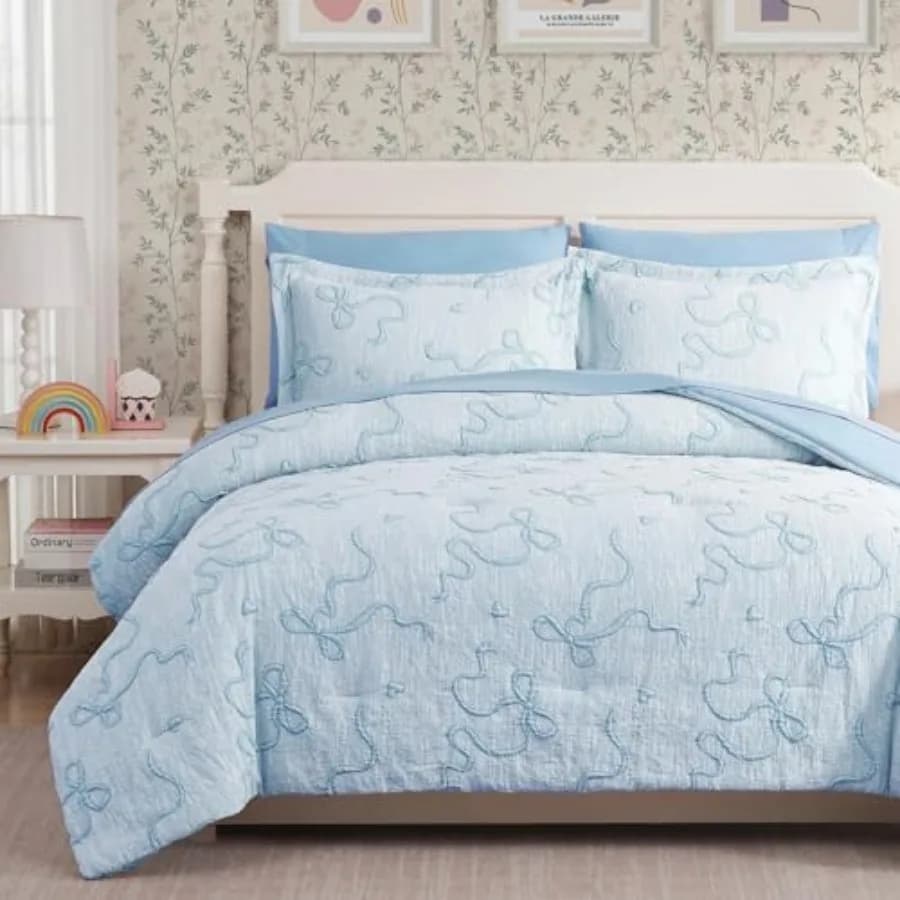 Set Copripiumino per Ragazze - 7 Pezzi Jacquard con Fiocchi, Set Biancheria da Letto in una Borsa con Lenzuola, Federe e Cuscini, Per Tutte le Stagioni