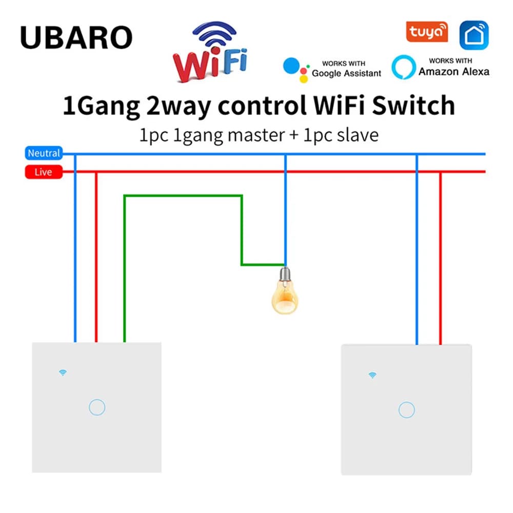 UBARO Standard ue Tuya Wifi Smart 1 Gang interruttore a sfioramento per scale a 2 vie, pannello in vetro Multi pulsante, Voice Alexa Google Home Cross Switch Domotica