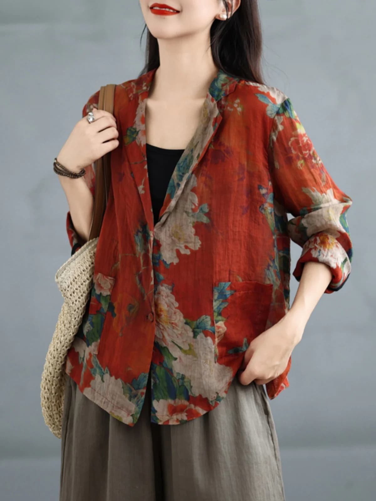 Retro Cotton Linen Printed Short Suit Jacket Women's Spring High End Personality Slimming Sun Protection Long Sleeve Open Car...