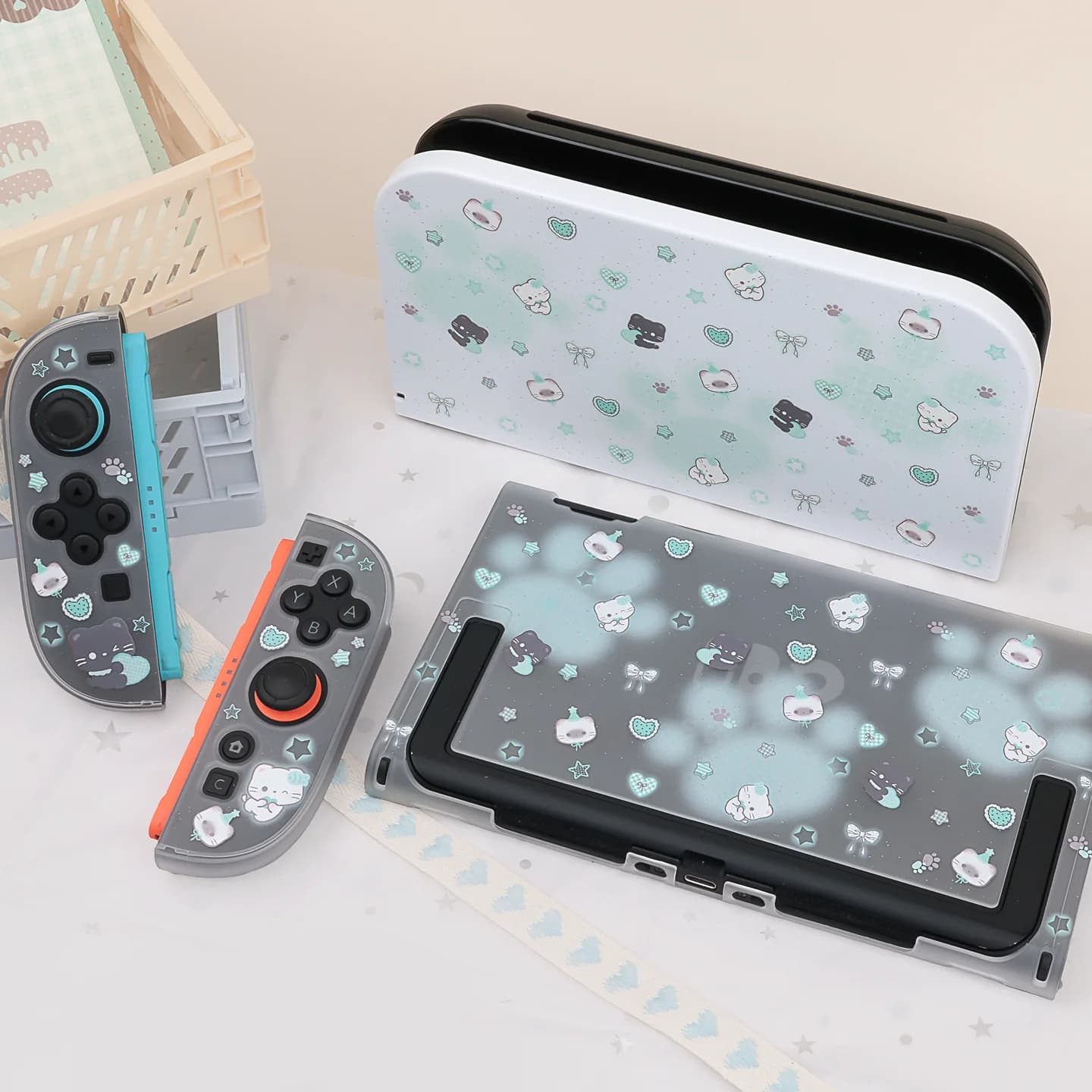 Mint Star Cat Semi-Transparent Hard Case for Nintendo Switch 2 – Cute Detachable Protective Shell for New NS2 Console