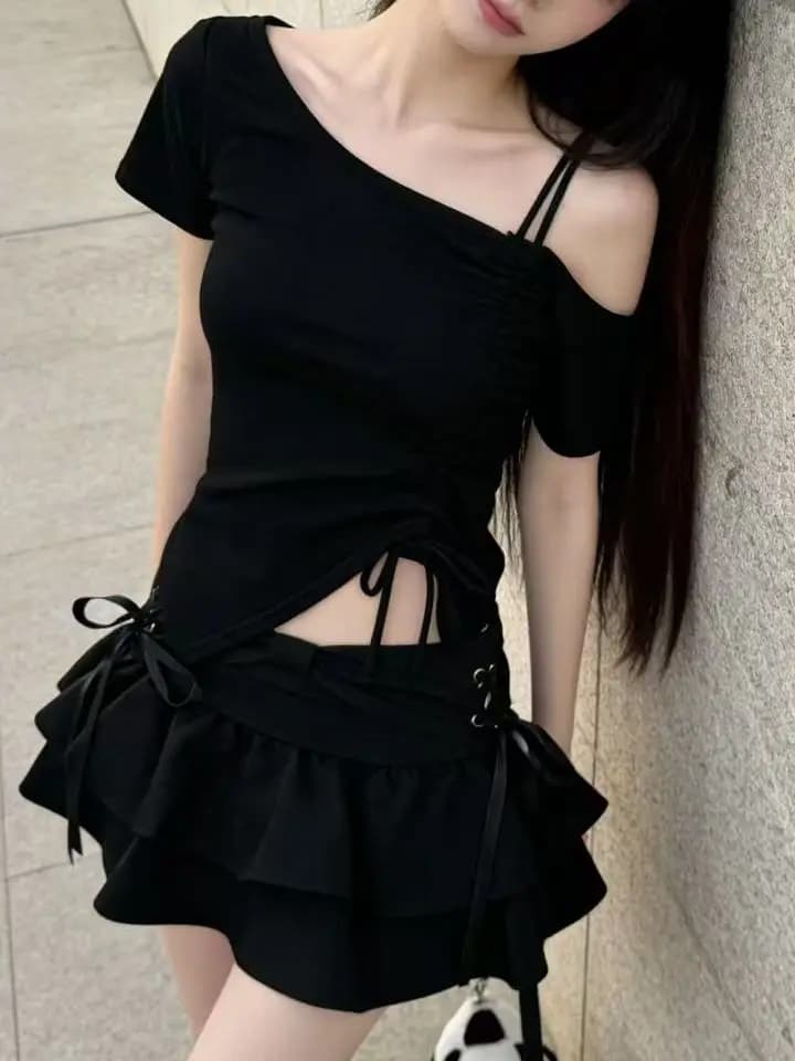 Knot Short Skirt Women's Fashion Set with Drawstring Sleeveless Top High Waist Puffy Short Skirt Anti-Light