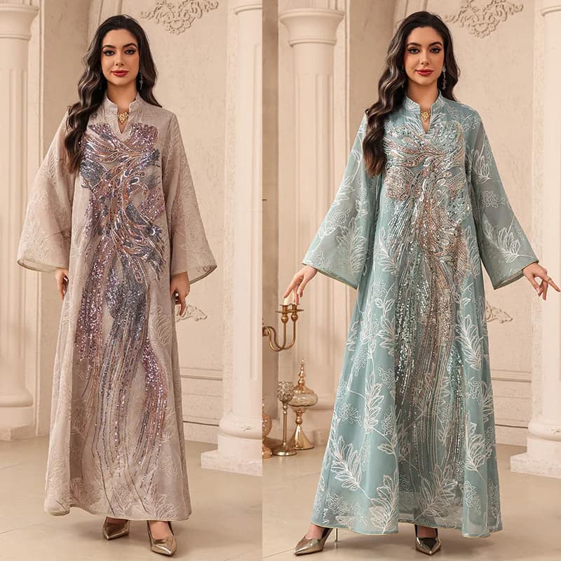 Abito Musulmano Abaya per Donne, Vestito da Festa Eid, Caftano con Paillettes e Ricami, Jalabiya, Vestito Lungo Arabo per Ramadan, Marocco, Dubai