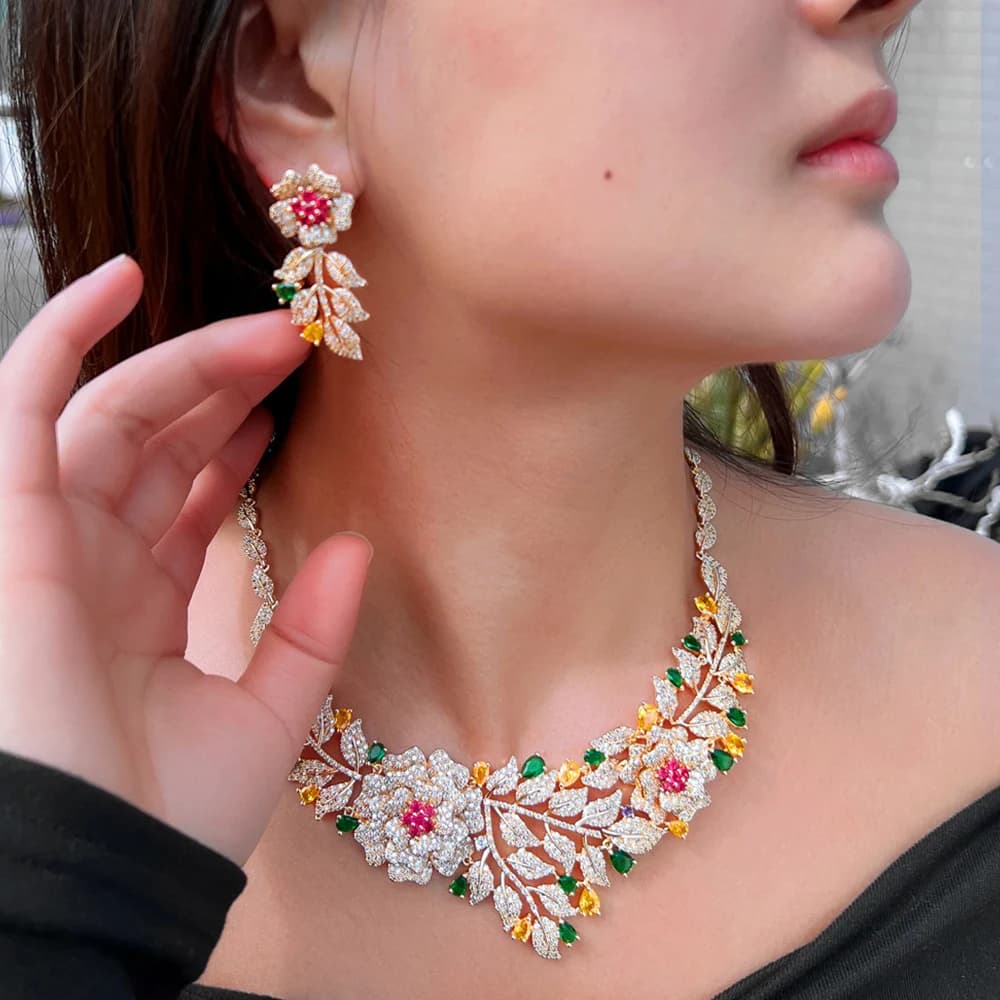 BeaQueen Gorgeous Bridal Wedding Jewelry Sets for Women Big Flower Leaf Paved Cubic Zirconia Gold Plated Necklace Earrings T0637