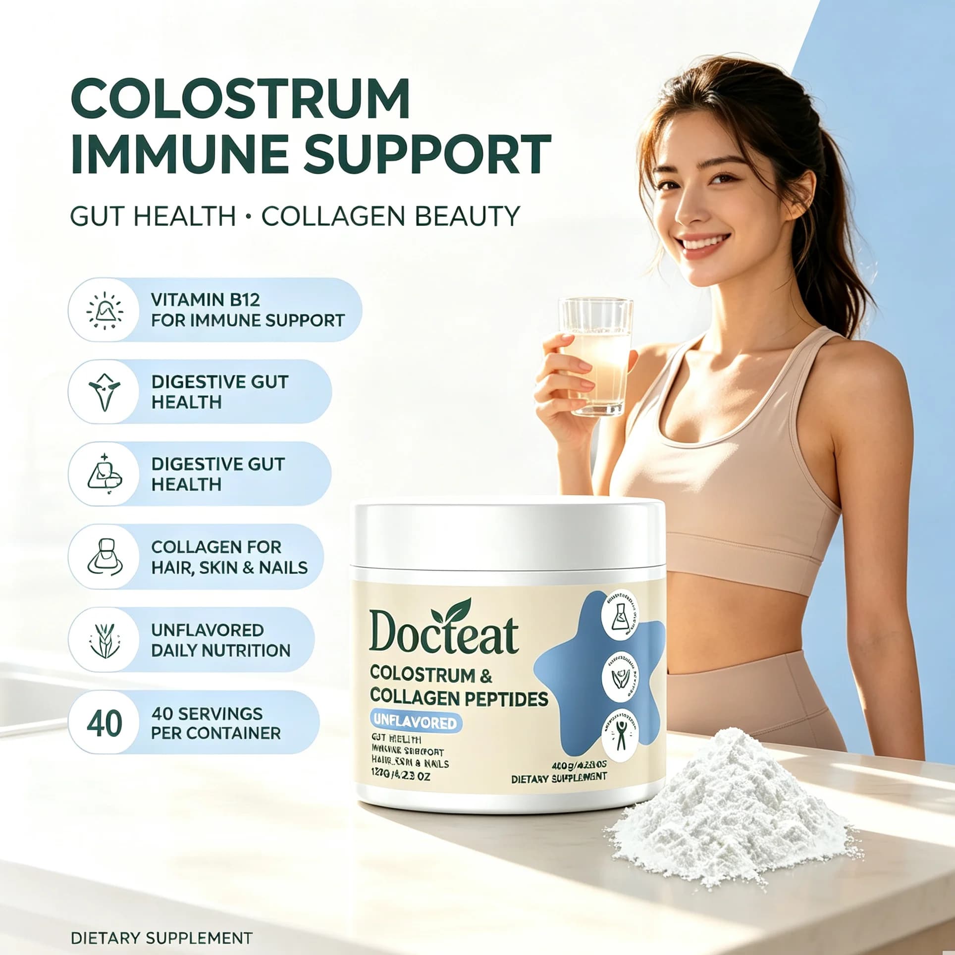 Bovine Colostrum Nutrition Powder with Collagen Peptides & Vitamin B12, Gut Health & Immune Support, Oral Dietary Supplement