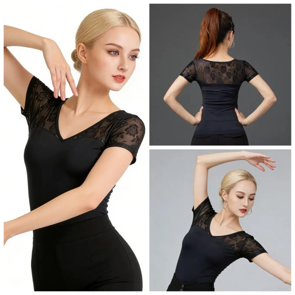 Elegant V Neck Lace Latin Dance Top, Short Sleeve Ballroom Salsa Practice Wear, Professional Performance Dancewear for Women