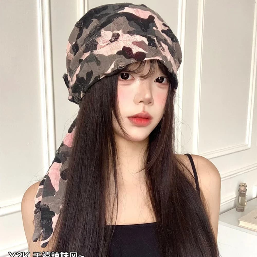 Y2K Grunge Distressed Camouflage Bandana Hat Women Long Fringe Tail Turban Headscarf Streetwear Adjustable Head Wrap Head Cap