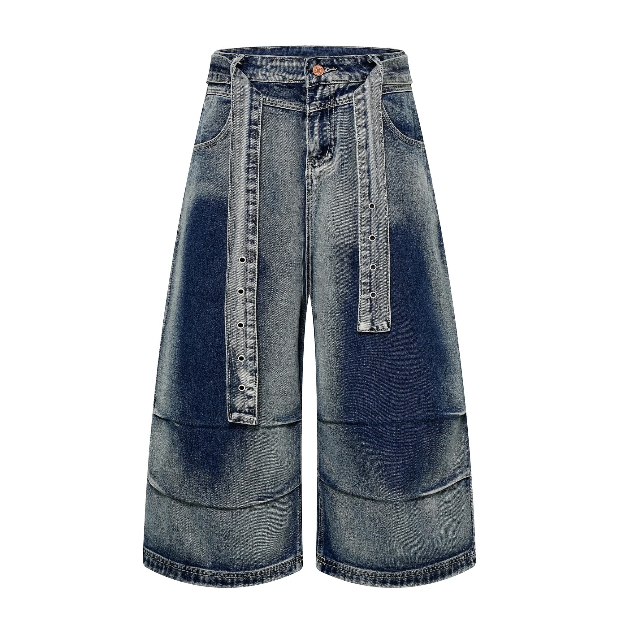 Culottes in denim lavato da uomo, modello baggy a gamba larga, jeans corti con cintura staccabile, stile streetwear Y2K, shorts in jeans oversize effetto distressed.