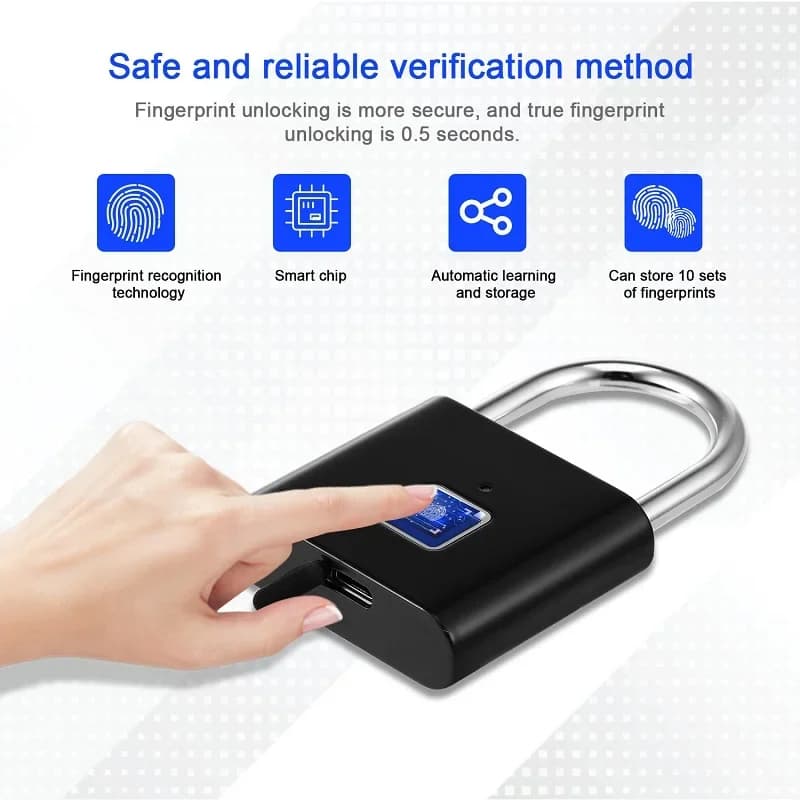 Lucchetto Intelligente con Impronta Digitale Impermeabile Serratura Senza Chiave Ricaricabile USB-C Lucchetto di Sicurezza per Casa