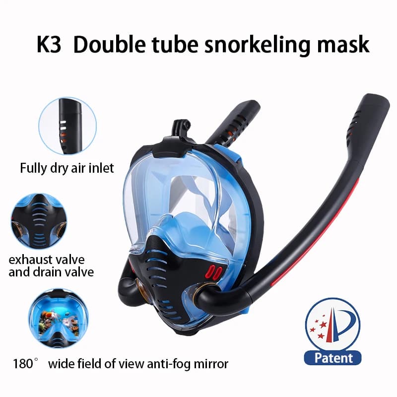 Black Integral Snorkeling Mask for Adults Double Hoses Respiratory Mode 180 ° Panoramic Snorkeling Mask Silicone leak proof for swimming