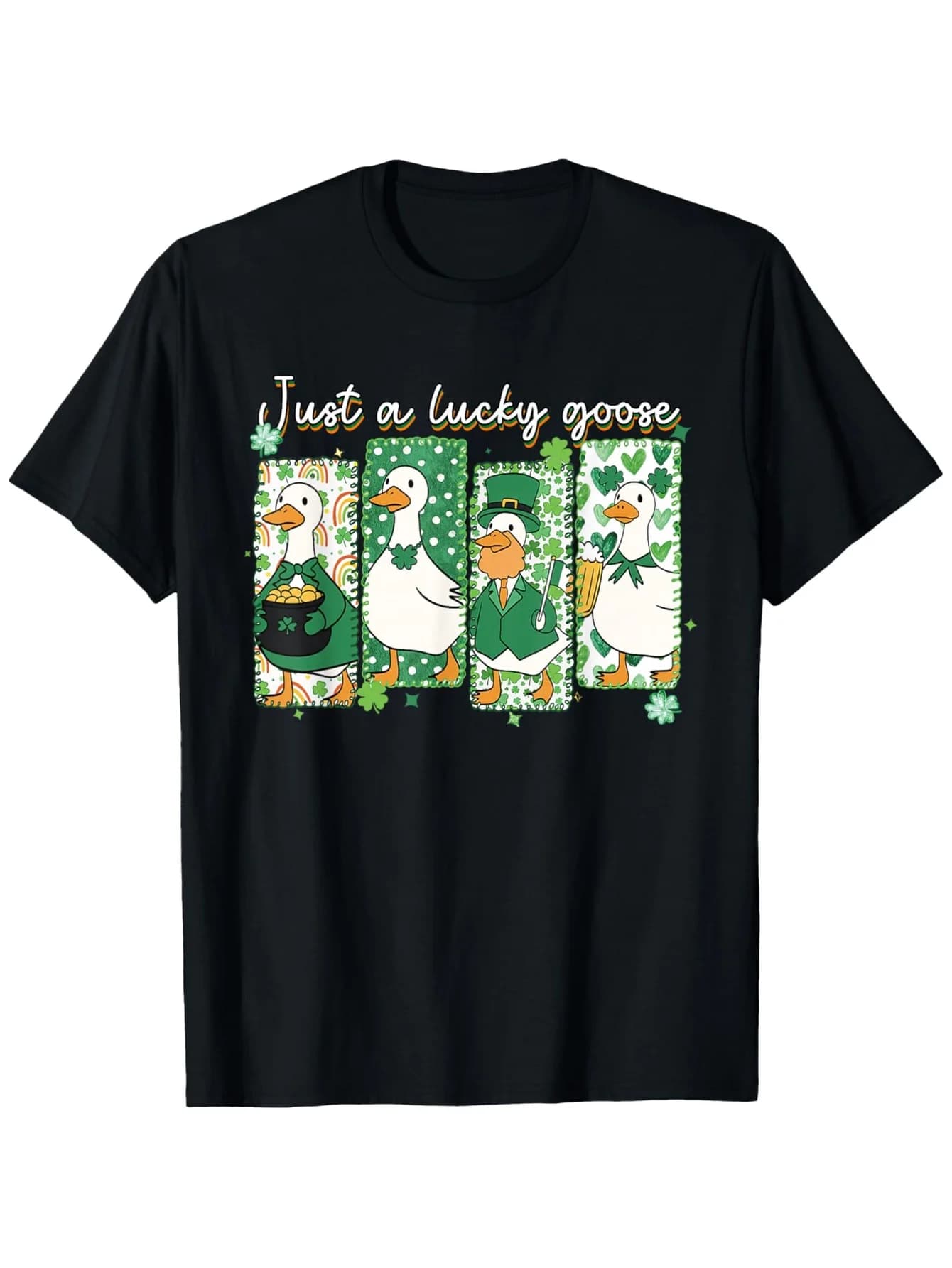 Funny Men's Black Graphic T-Shirt Lucky Goose Duck Clover Leprechaun Hat Beer Mug Rainbow Vintage Print 100% Cotton Heavyweight Short Sleeve Casual Streetwear Tee