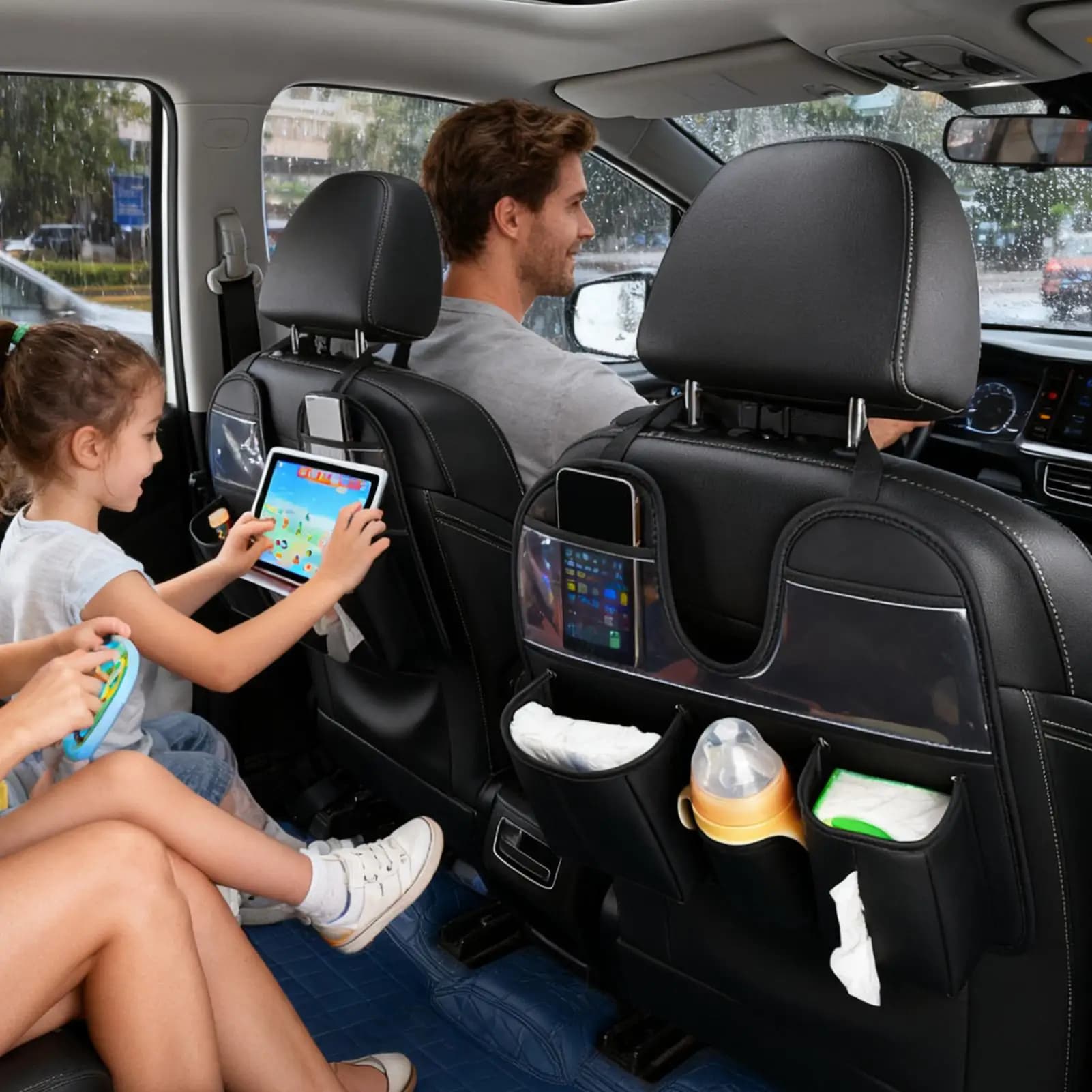 Organizzatore per auto sul sedile posteriore con porta tablet per tazza Organizer per schienale del sedile Accessori per auto per SUV RV Camion Berlina Giocattoli per bambini Snack Tissue