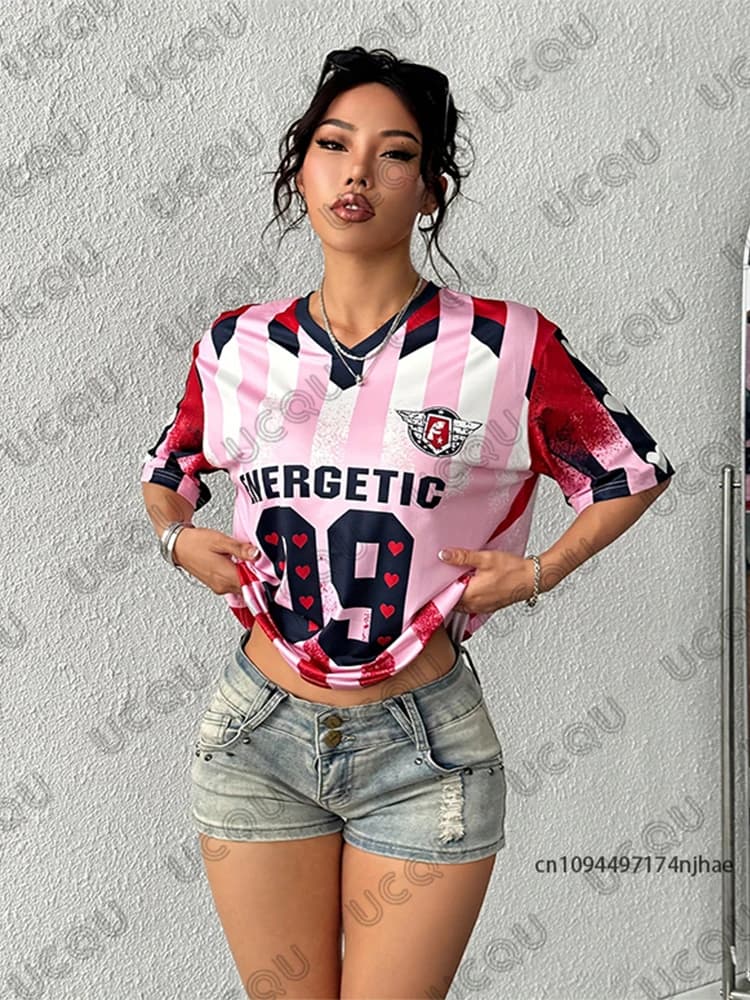 Estate New Energetic Love 09 Stampa T-shirt da donna con scollo a V Patchwork manica corta Sport Maglia da calcio Y2K Top larghi oversize