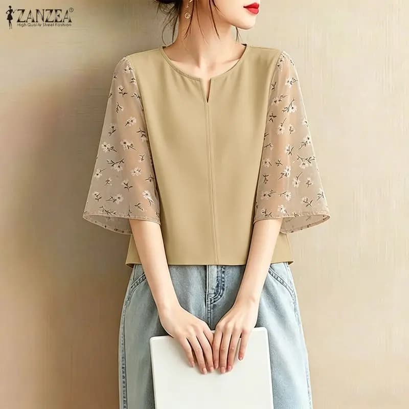 ZANZEA Women's Elegant Blouses V-Neck Floral Chiffon Patchwork 3/4 Sleeve Tops 2026 Summer Daily Casual Loose Blusas de Mujer