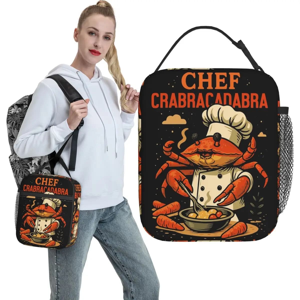 Chef Crabracadabra Italian Brainrot Memes Lunch Bag Portable Zip Lunch Box Adult Office Design Cooler Bag Oxford Tote Handbags