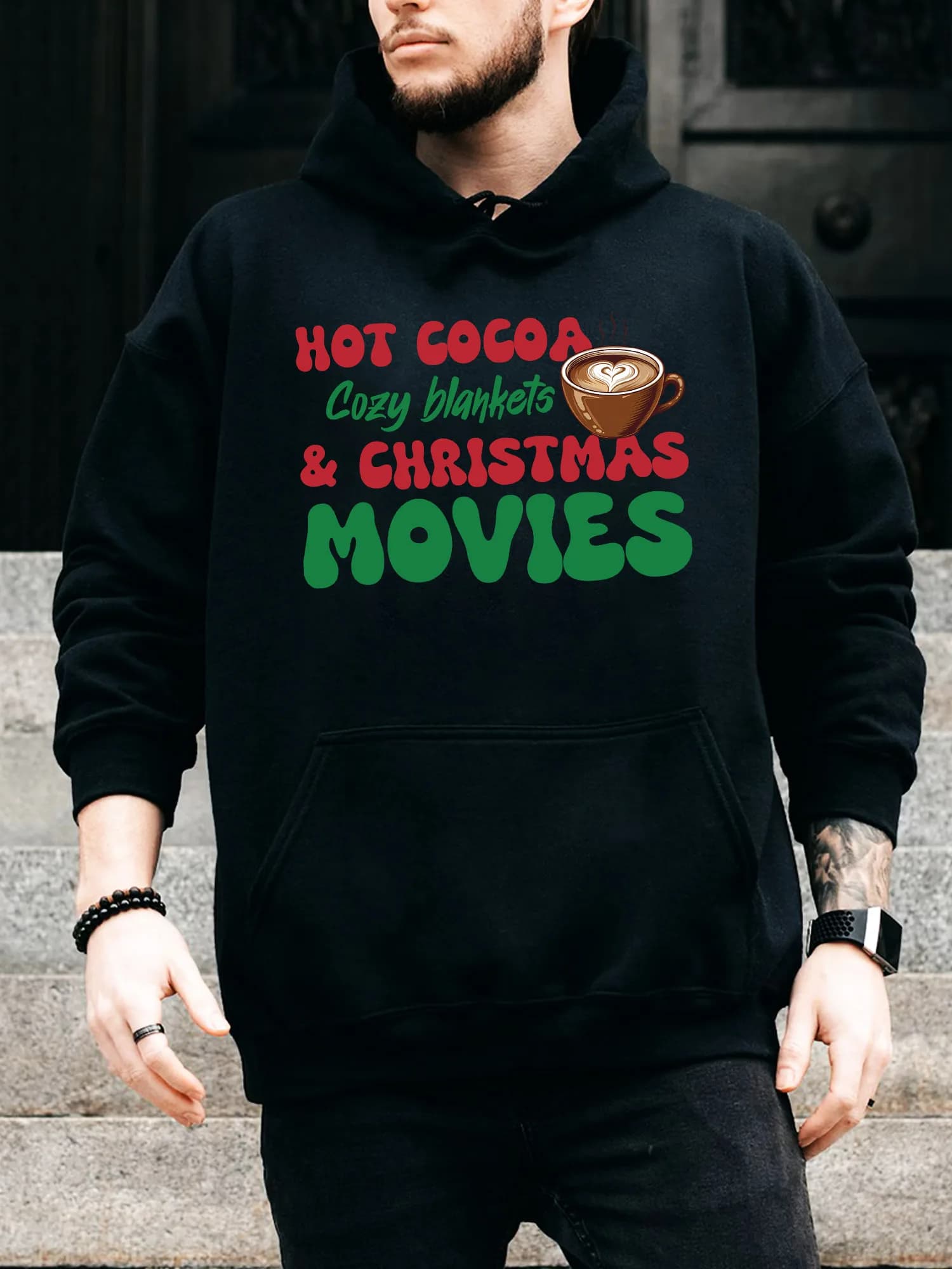 Felpa con cappuccio da uomo con coulisse Hot Cocoa & Xmas Movies - Pullover nero casual e confortevole, felpa con cappuccio autunno e inverno
