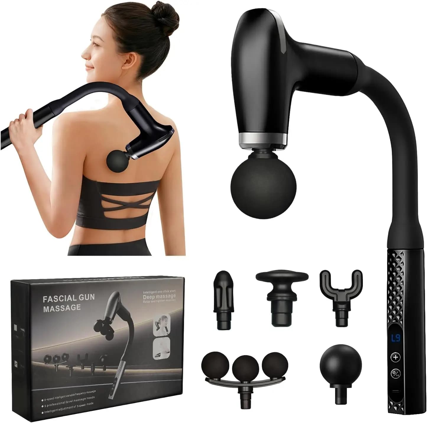 Massage gun with extendable handle, 9 speeds, 5 accessories, neck/shoulder/gamba relief - Ideal gift for technology enthusiasts