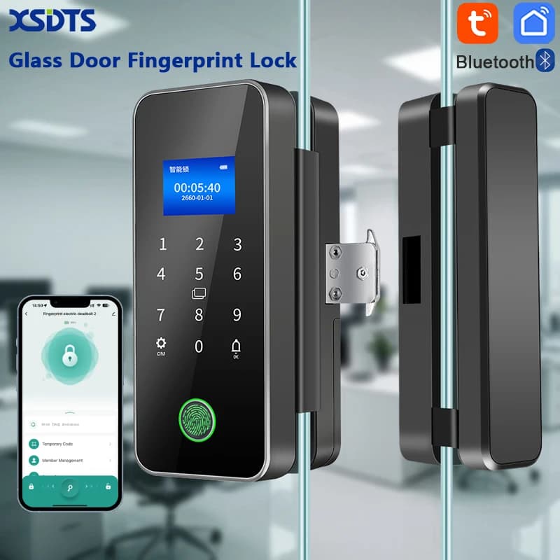 Smart Door Lock Fingerprint Glass Door Remote Control Tuya APP Card Digital Code Electronic Suitable offices