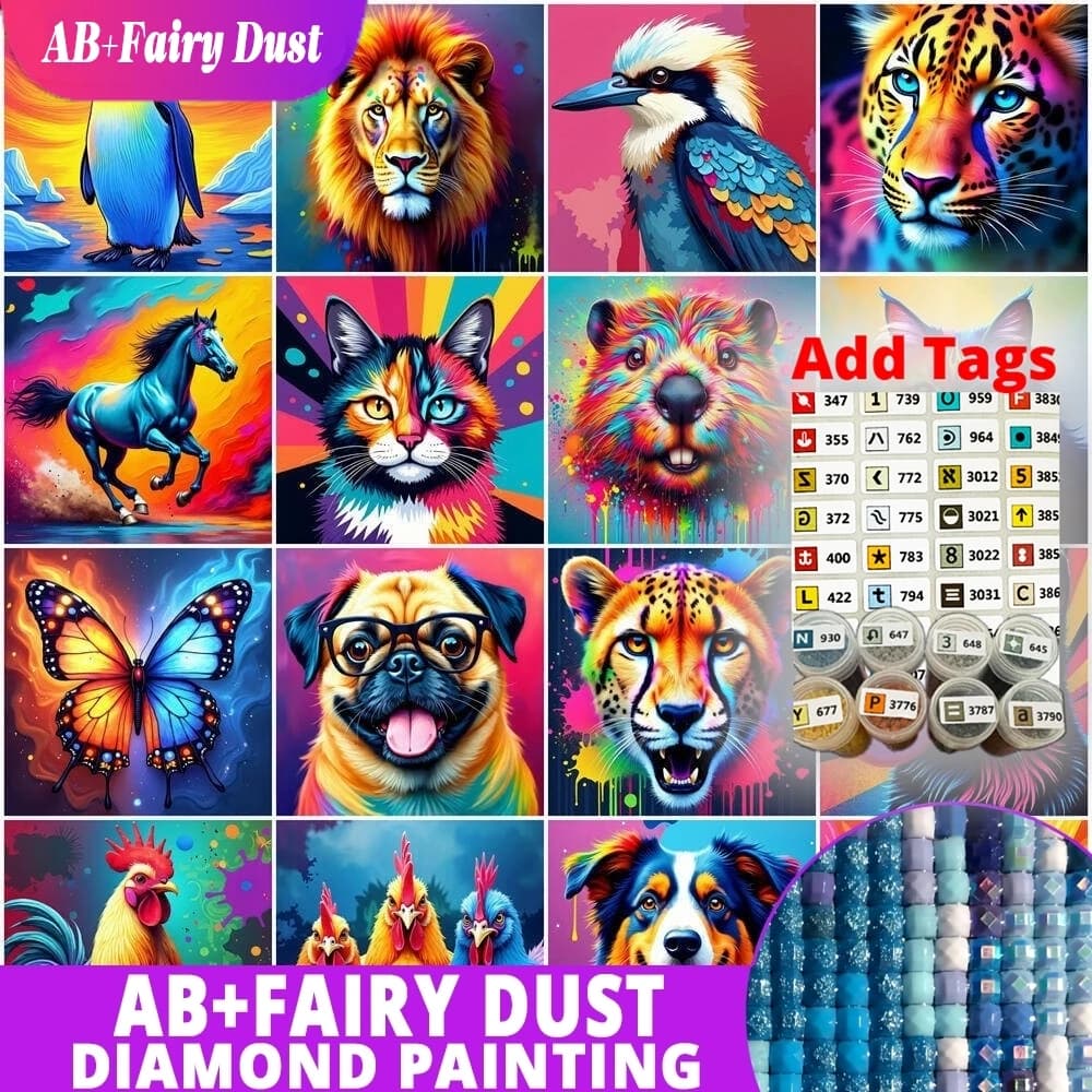 Fairy Dust AB Animal Cat Dog Leopard Lion DIY Diamond Painting Butterfly Chicken Bird Mosaic Full Round Drill Embroidery Set Wal