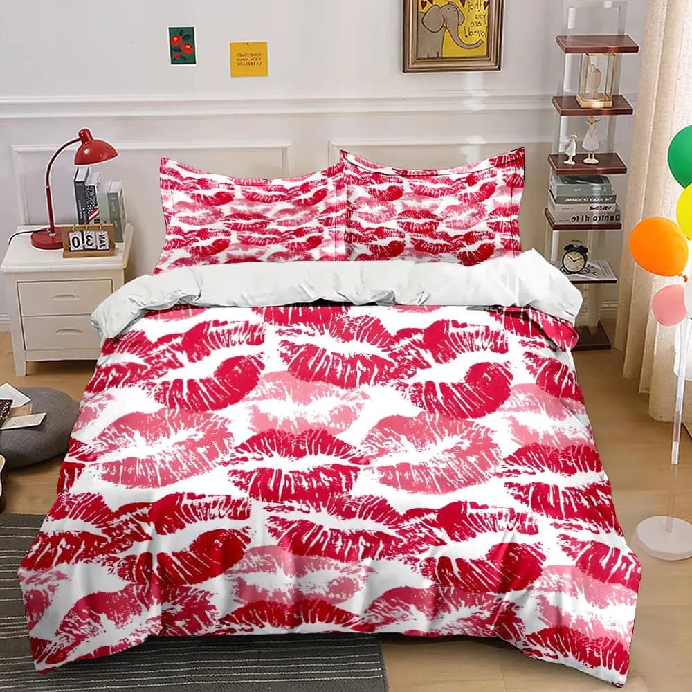 Red Lipstick Kiss Pattern Background Duvet Cover Set with 3D Printing Design Soft Polyester Bedding Set All-Season Comfort