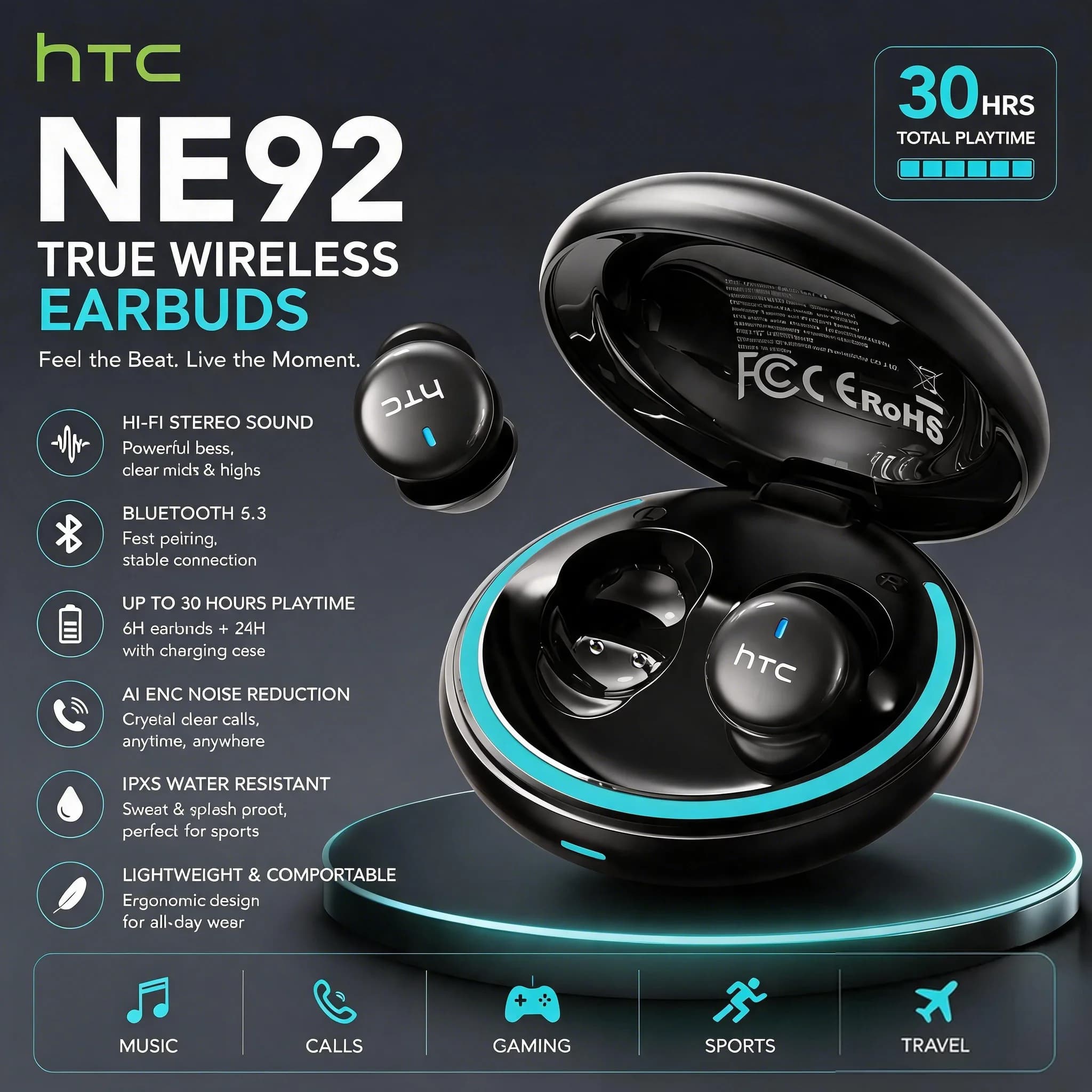 HTC NE92 TWS Wireless Earbuds 10mm Dynamic Drivers Smart Touch Lightweight 4g Earbuds with LED Battery Display