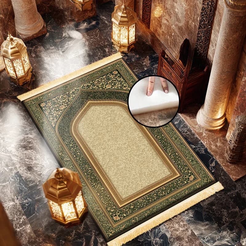VIKAMA Vintage Luxury Green-Edged Flannel Prayer Rug Comfortable, Soft and Warm Meditation Cushion Islamic Prayer Mat