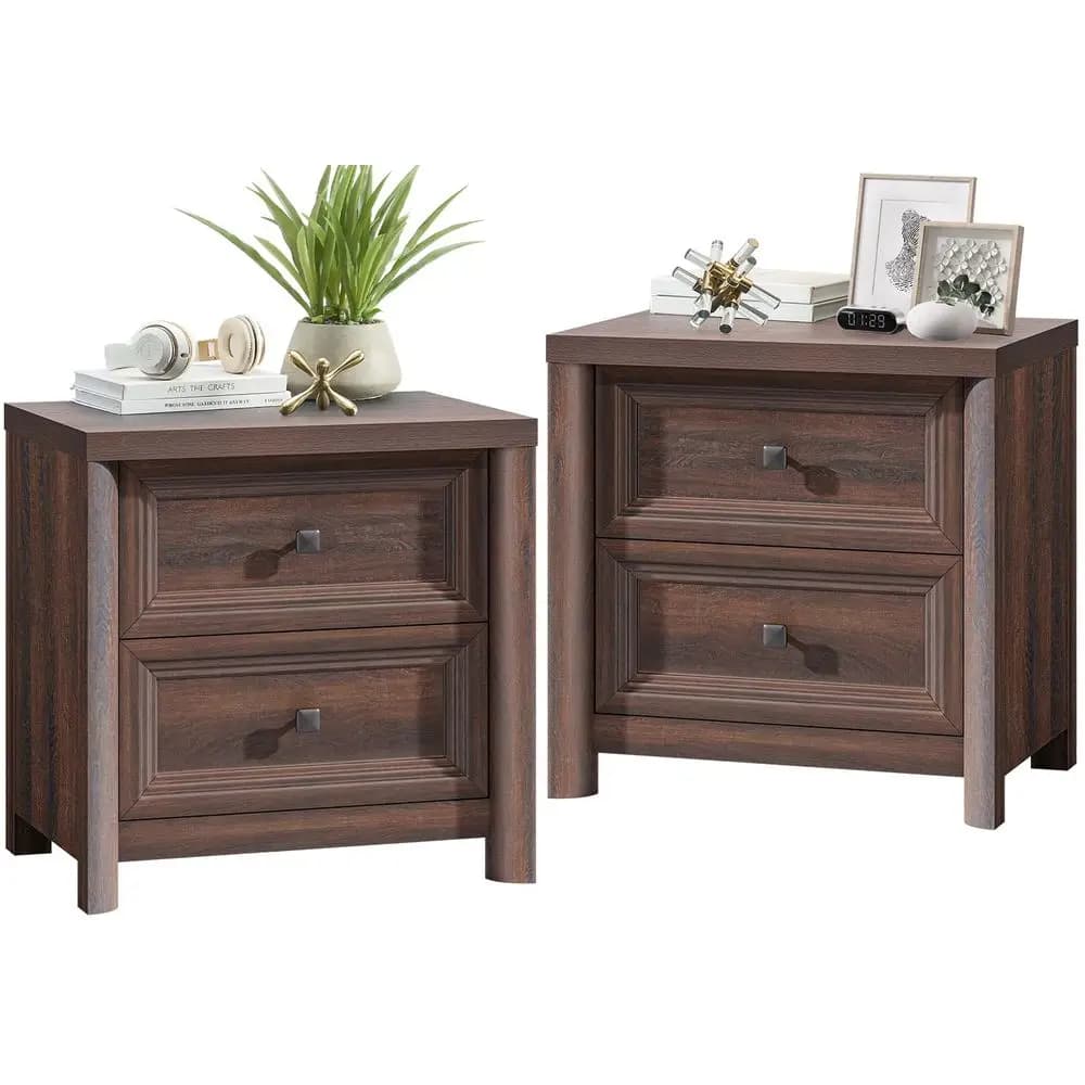Set di 2 Comodini in Noce, Tavolini da Notte con 2 Cassetti Contenitori, Comodino Grande Rustico in Legno da 22,8 Pollici, Tavolino da Letto