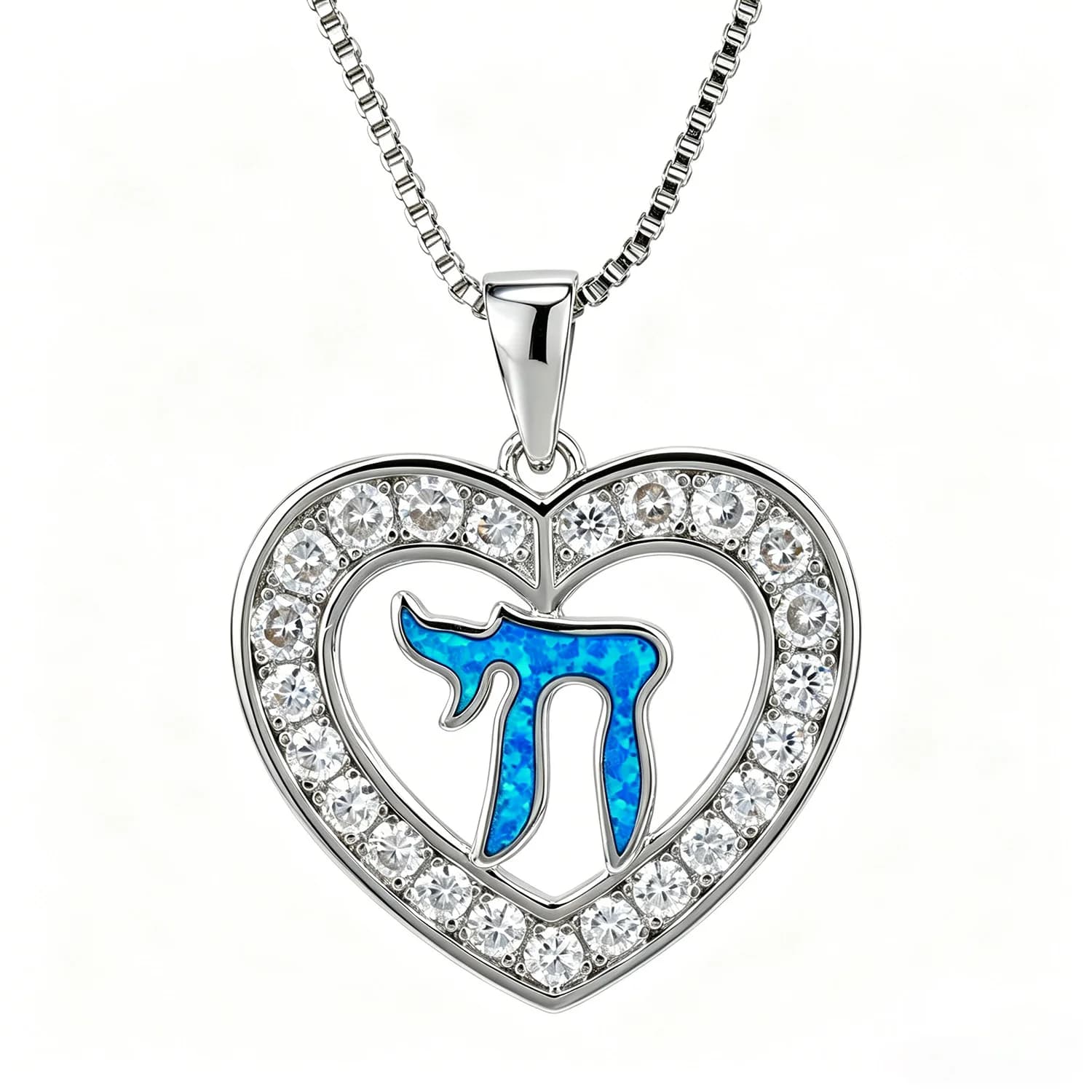 Collana con Ciondolo a Cuore in Opale Blu, Elegante Collana con Simbolo Ebraico per Donne, Delicato Gioiello Religioso, Regalo per Lei