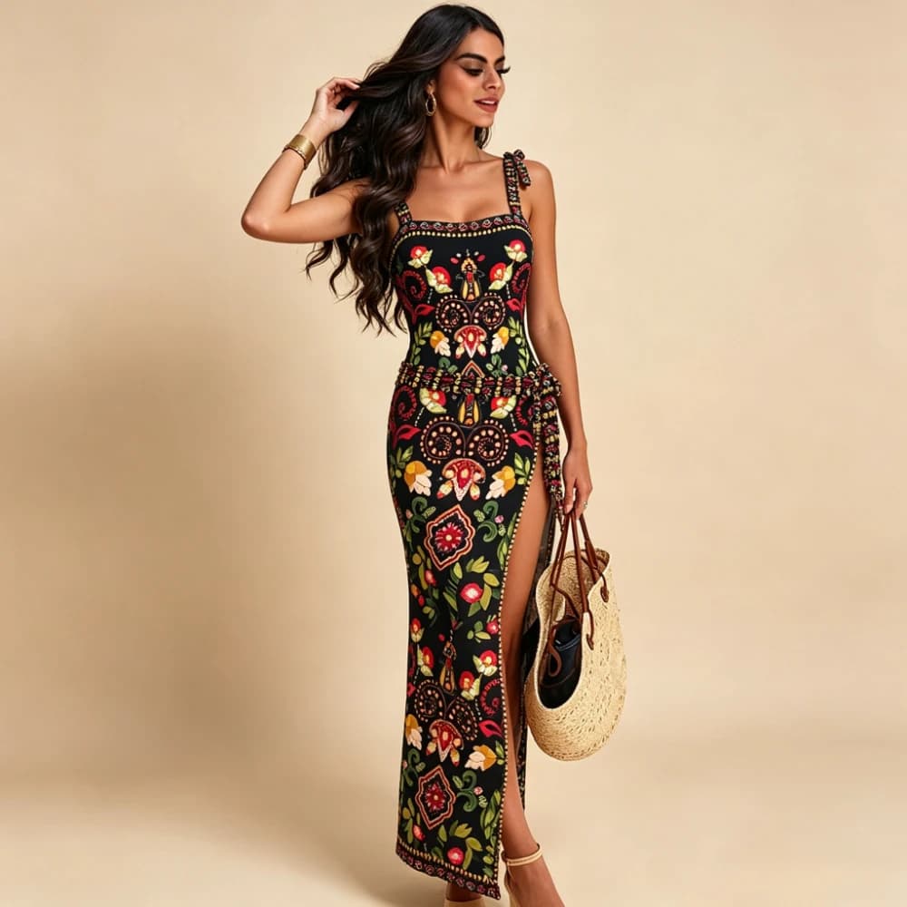 Costume da bagno intero 2 pezzi con stampa floreale etnica, spalline sottili, spacco laterale e dettagli arricciati, stile boho, per la spiaggia