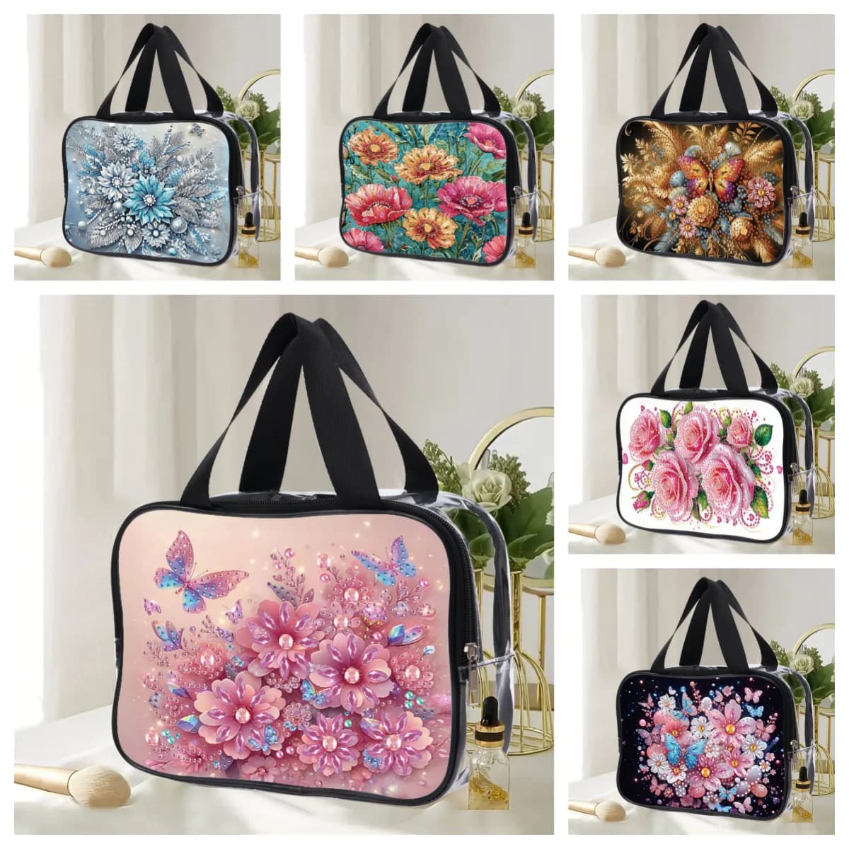 1 set di borse per il trucco con pittura a diamante in stile floreale fai-da-te, borse da toilette trasparenti in PVC, borse per il trucco per la vita quotidiana delle donne