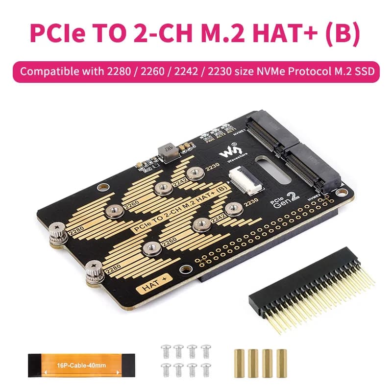 Raspberry Pi 5 PCIe at 2CH M.2 HAT (B) Compatible 2280/2260/2242/2230 NVMe M.2 SSD HAT with 16P cable Data frequency 5Gbps for RPi 5
