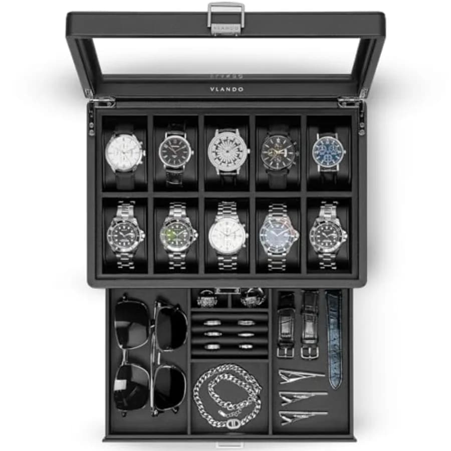 Scatola Porta Orologi con 10 Scomparti, Custodia per Orologi Bloccabile in Pelle Testurizzata, Porta Orologi a 2 Strati per Anelli, Occhiali, Gioielli da Uomo con Vetro