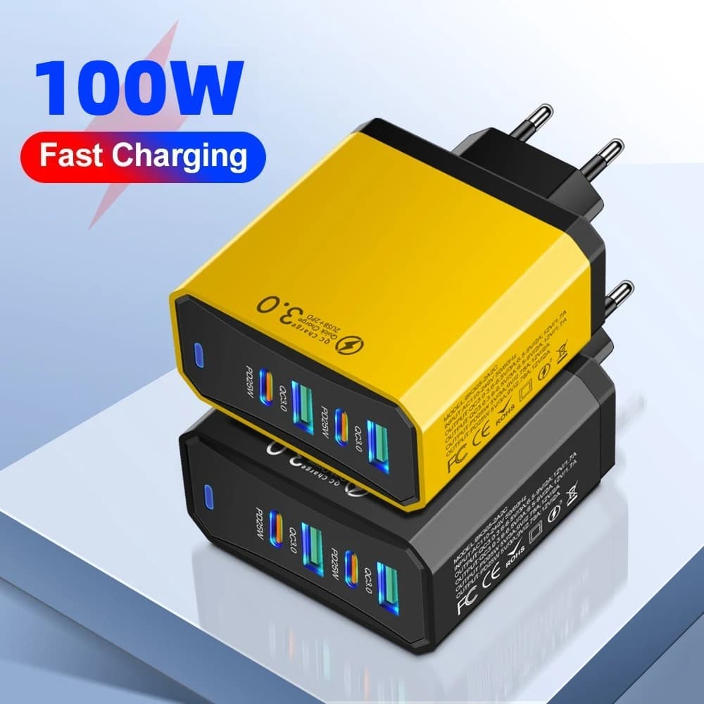 Total 100W 4 in 1 2 USB 2 Type C Quick Charging Fast Wall Charger For iPhone Samsung Xiaomi Huawei Oppo Mobile Phone Adapter