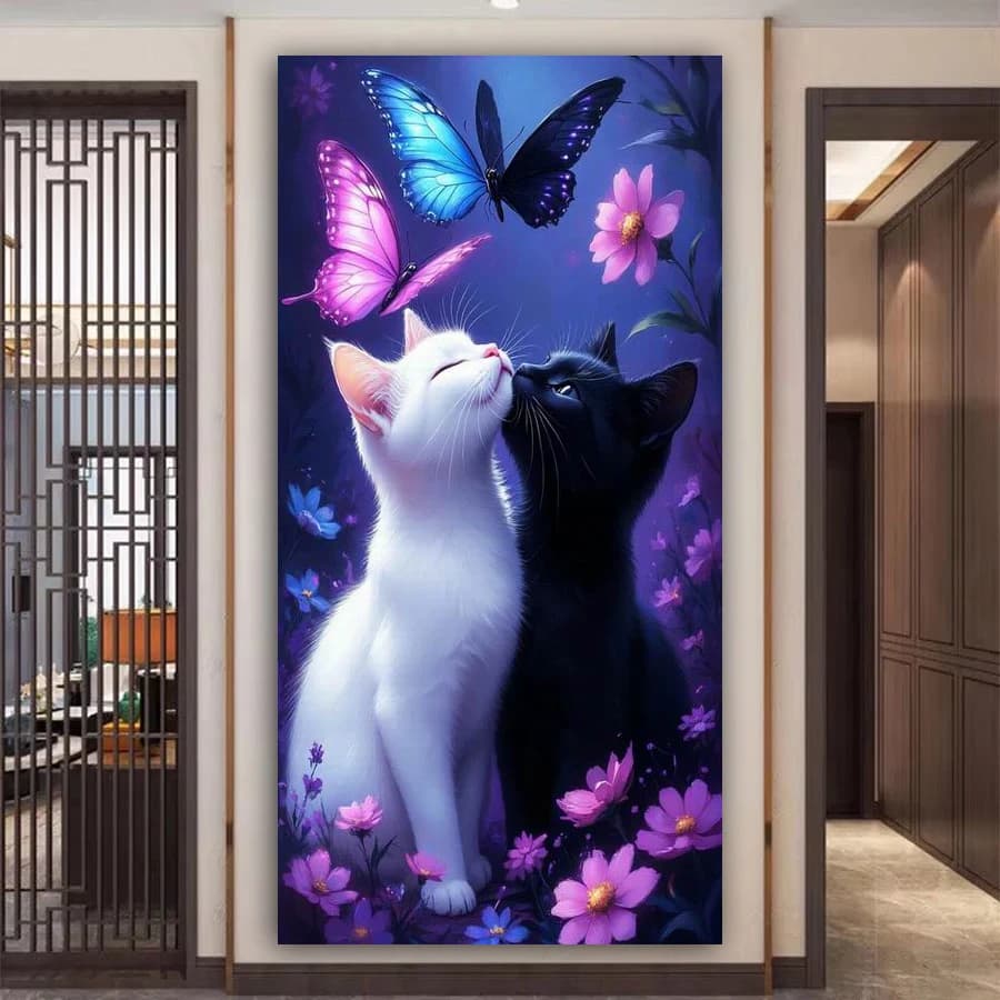 Nuova Collezione: Quadro Diamantato Fai da Te Gatto Bianco e Nero con Farfalla - Ricamo a Mosaico Full Drill Grande Formato