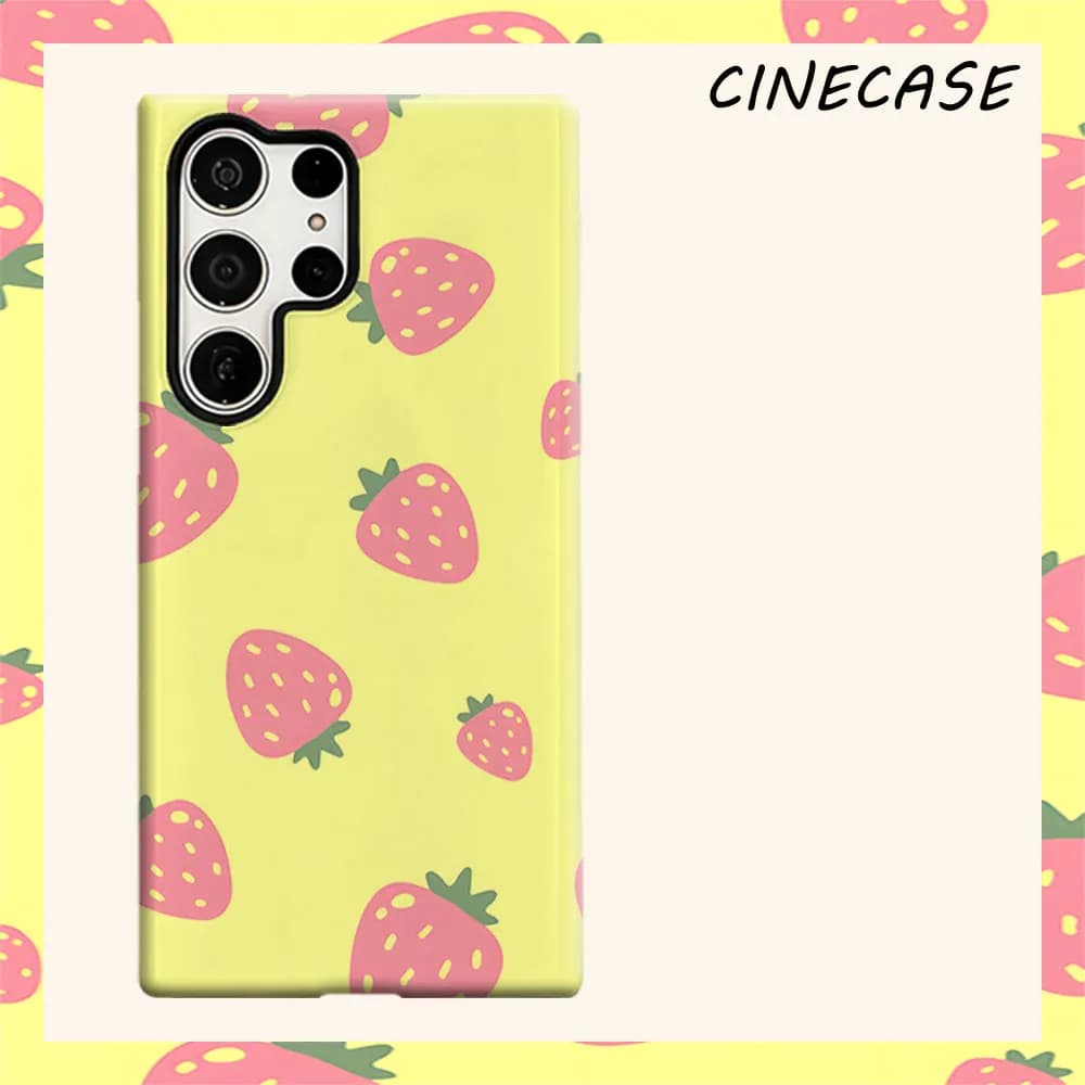 Pink Strawberry Tile For Samsung Galaxy S26 S25 S24 A56 A36 Dual Layer Luxury Fashion Full Lens Protective Case