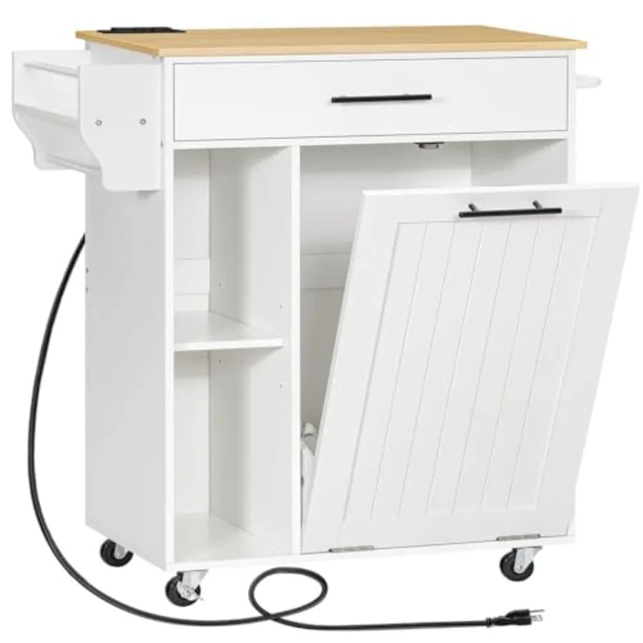 Kitchen island for trash can storage, rolling mobile island with power outlet, natural and white finish, fits 10-gallon bin, so
