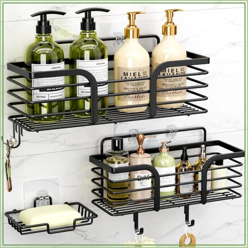 Rustproof Shower Caddy with Soap Holder & Hooks, No Drilling Bathroom Organizer, Wall-Mounted Storage Shelf (Black)