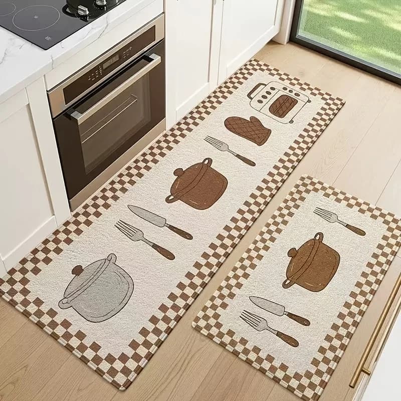 Velvet Kitchen Runner Rug, Non-Slip Soft Floor Mat with Cute Cooking Pattern, Checkerboard Border Standing Pad for Sink Stove